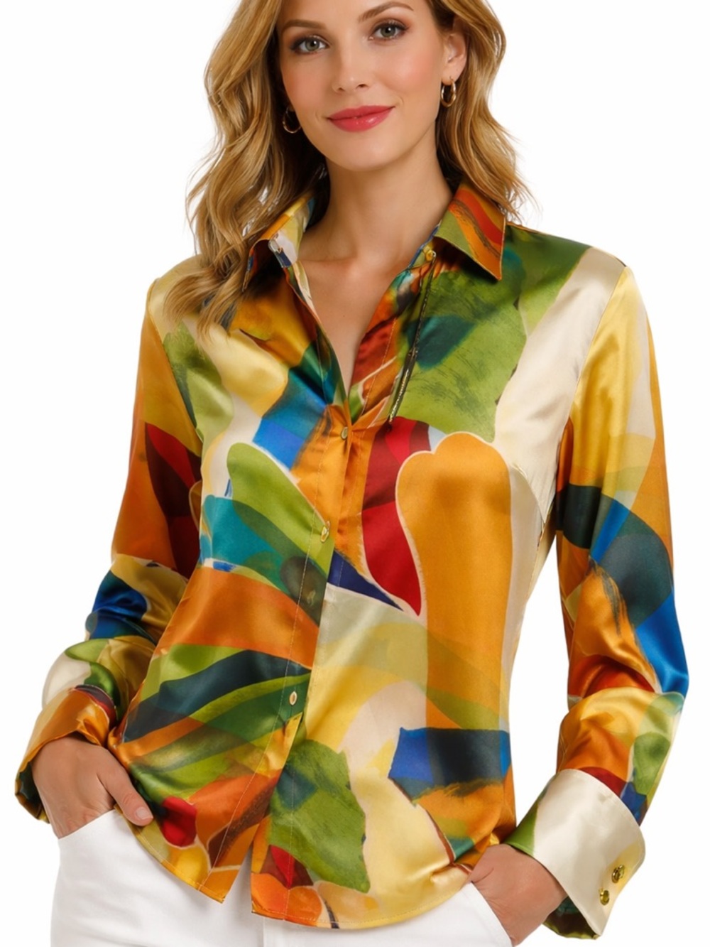 Catherine Gee Daria Silk Blouse XL Multicolor French Cuff NWT